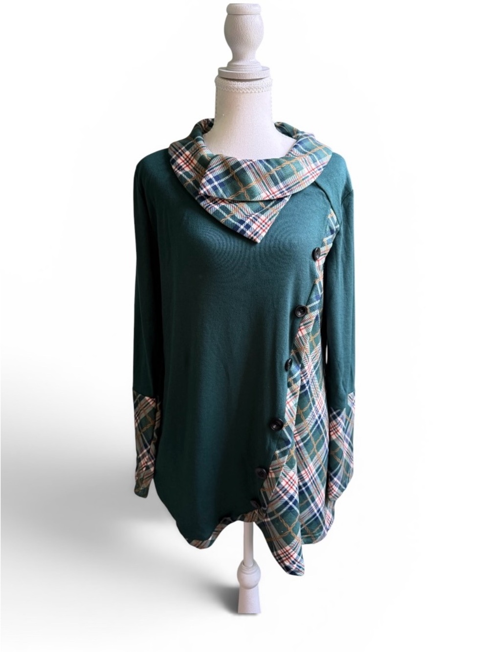 Cestyle Plaid-Accent Dark Green Asymmetrical Hem Long Sleeve Tunic Top Sz L, NWT - Picture 3 of 13